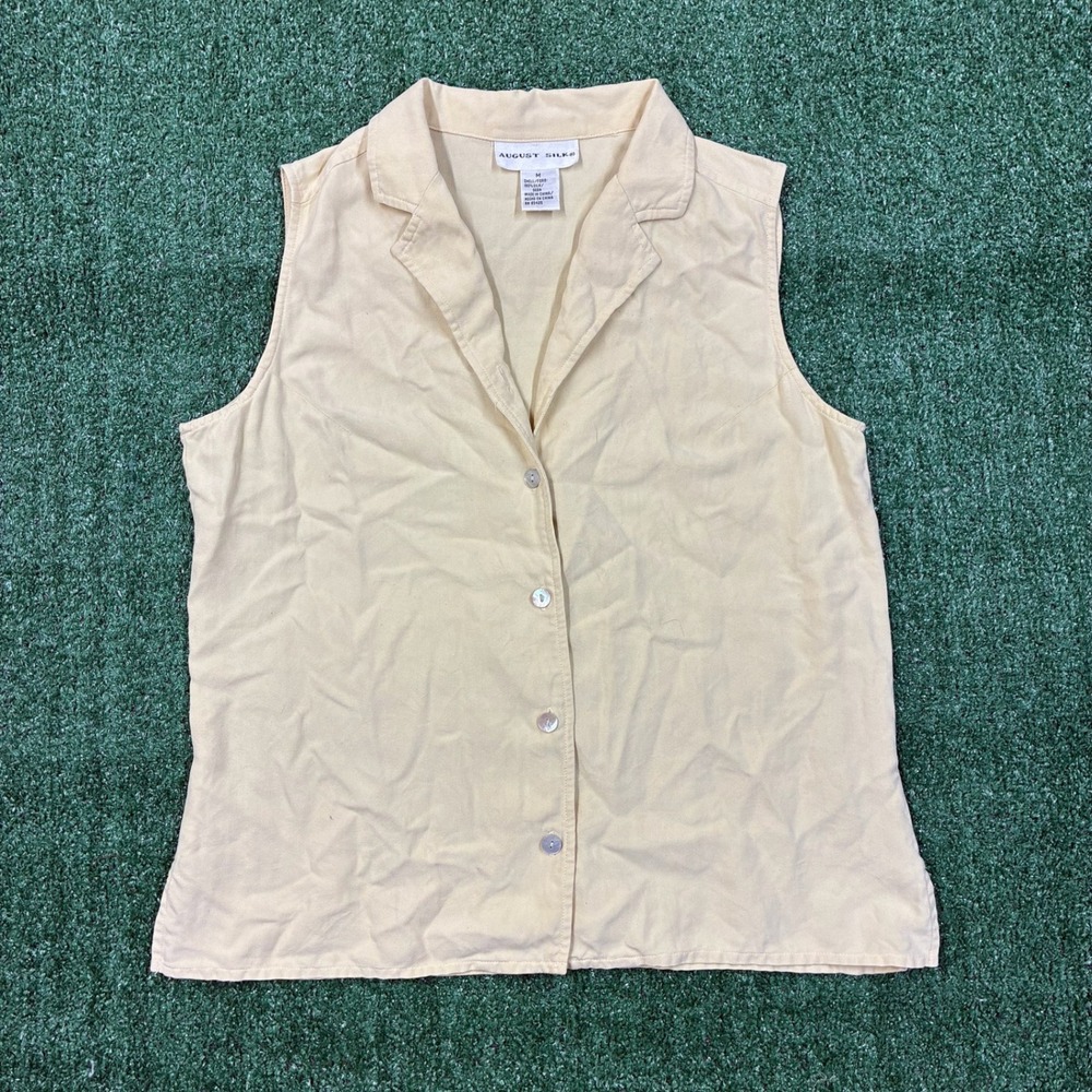 August Silk Sleeveless Button Up Blouse Pale Yellow Cream Top